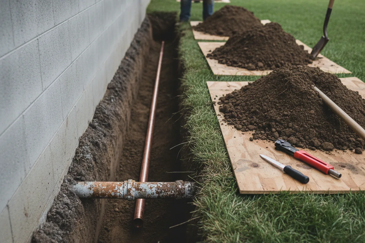 Excavated water line trench during Water Softener Installation in Burdine